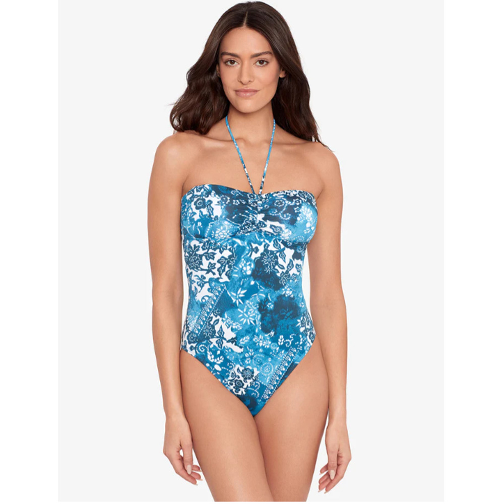 LAUREN RALPH LAUREN Halter Bandeau One Piece Swimsuit 10 Blue Patchwork